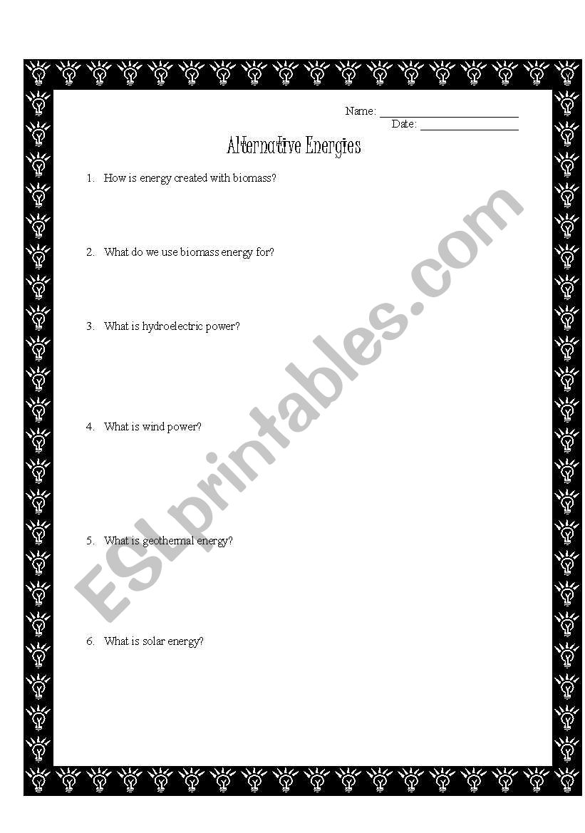 Alternative Energies Brainpop Worksheet