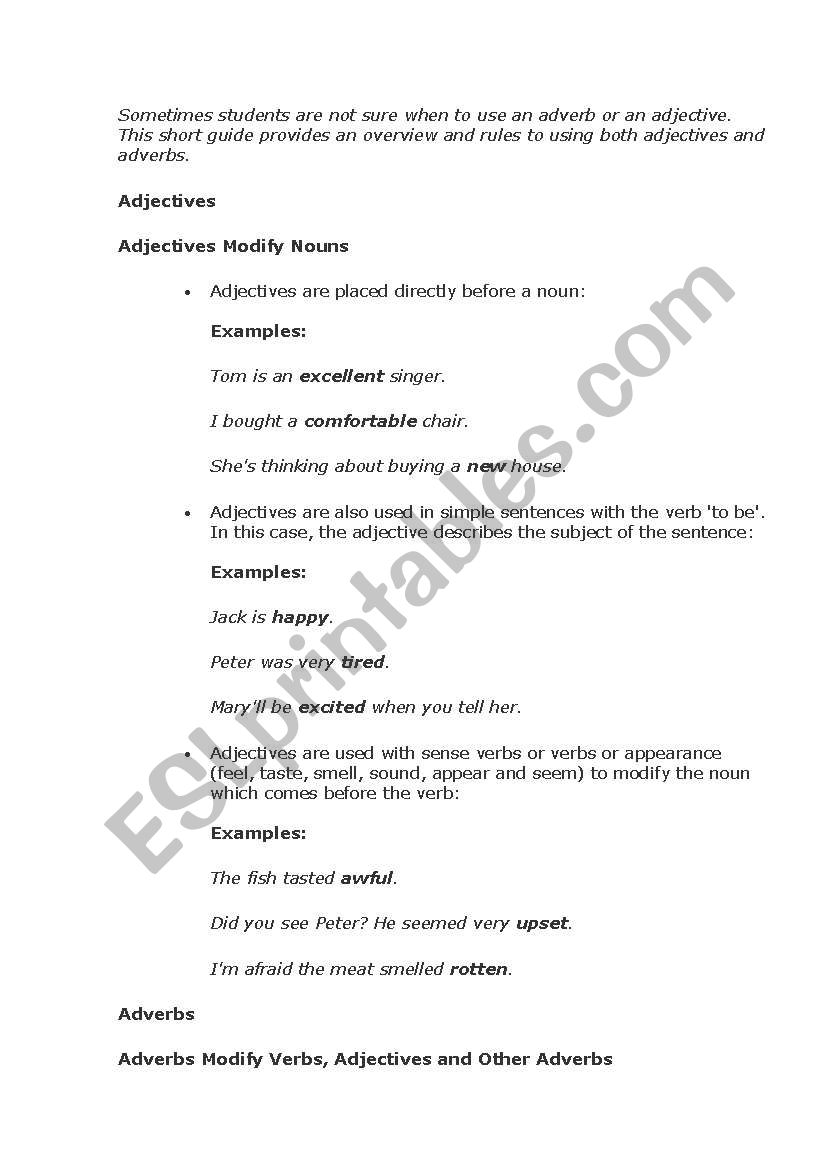 Adverbs vs adverbs worksheet