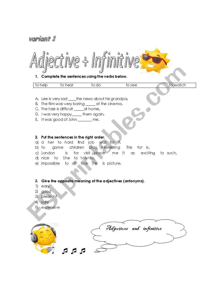 English Worksheets Adjective To Infinitive