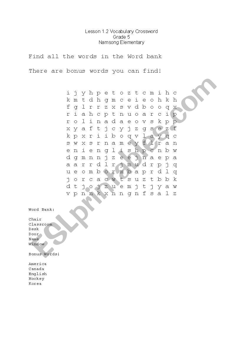 Basic Crossword for Classrom Vocab