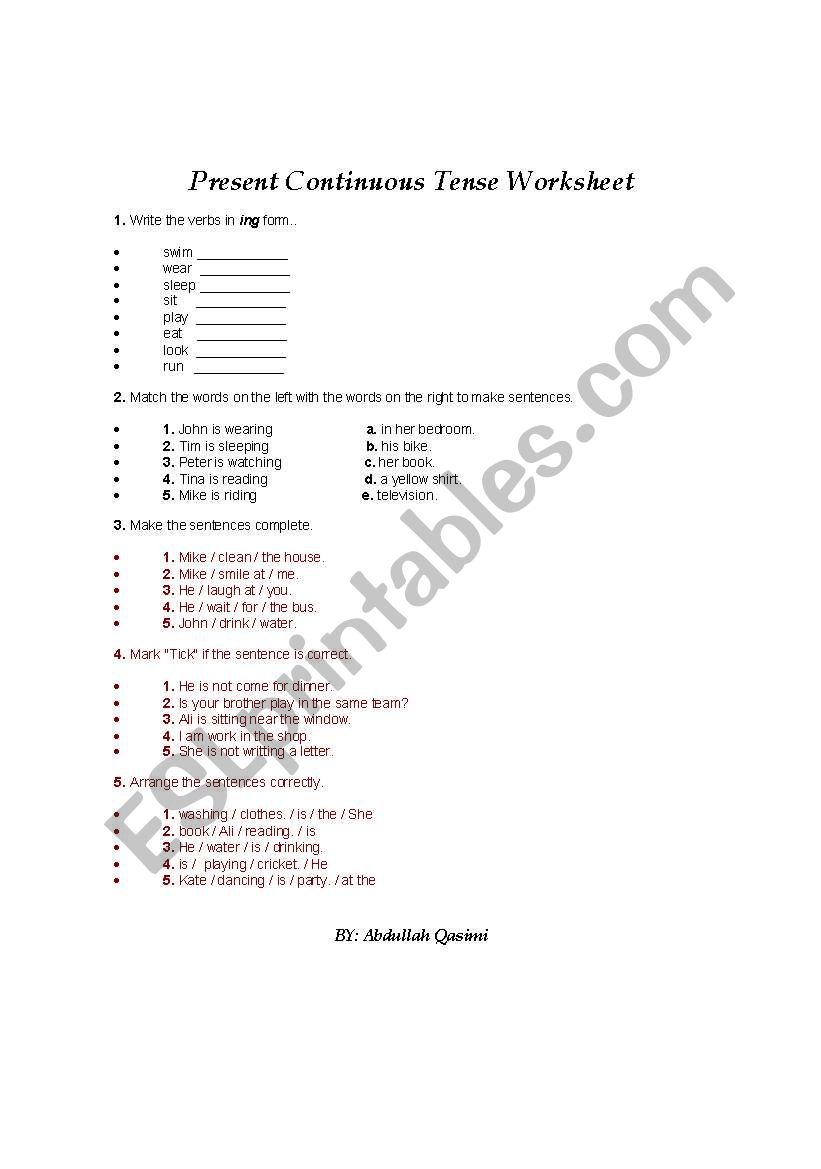 Present Conituous Tense Worksheet for Elementary Classes