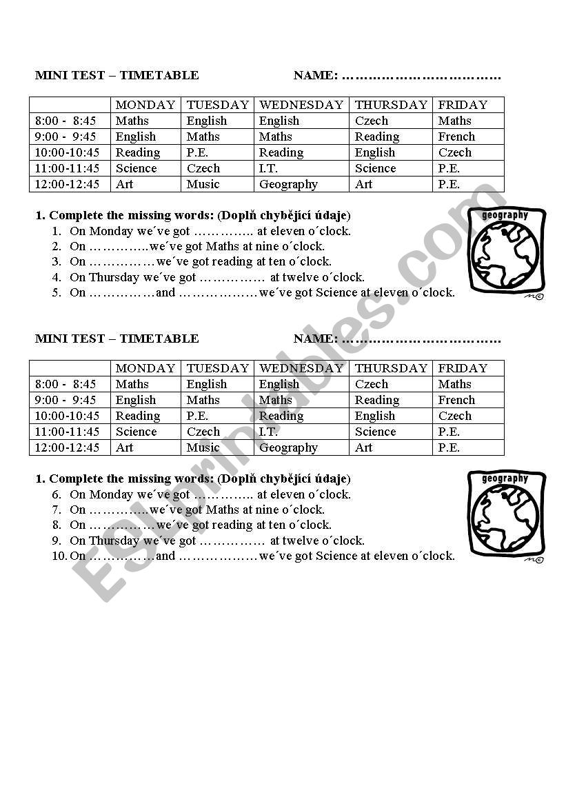 timetable - school subjects worksheet