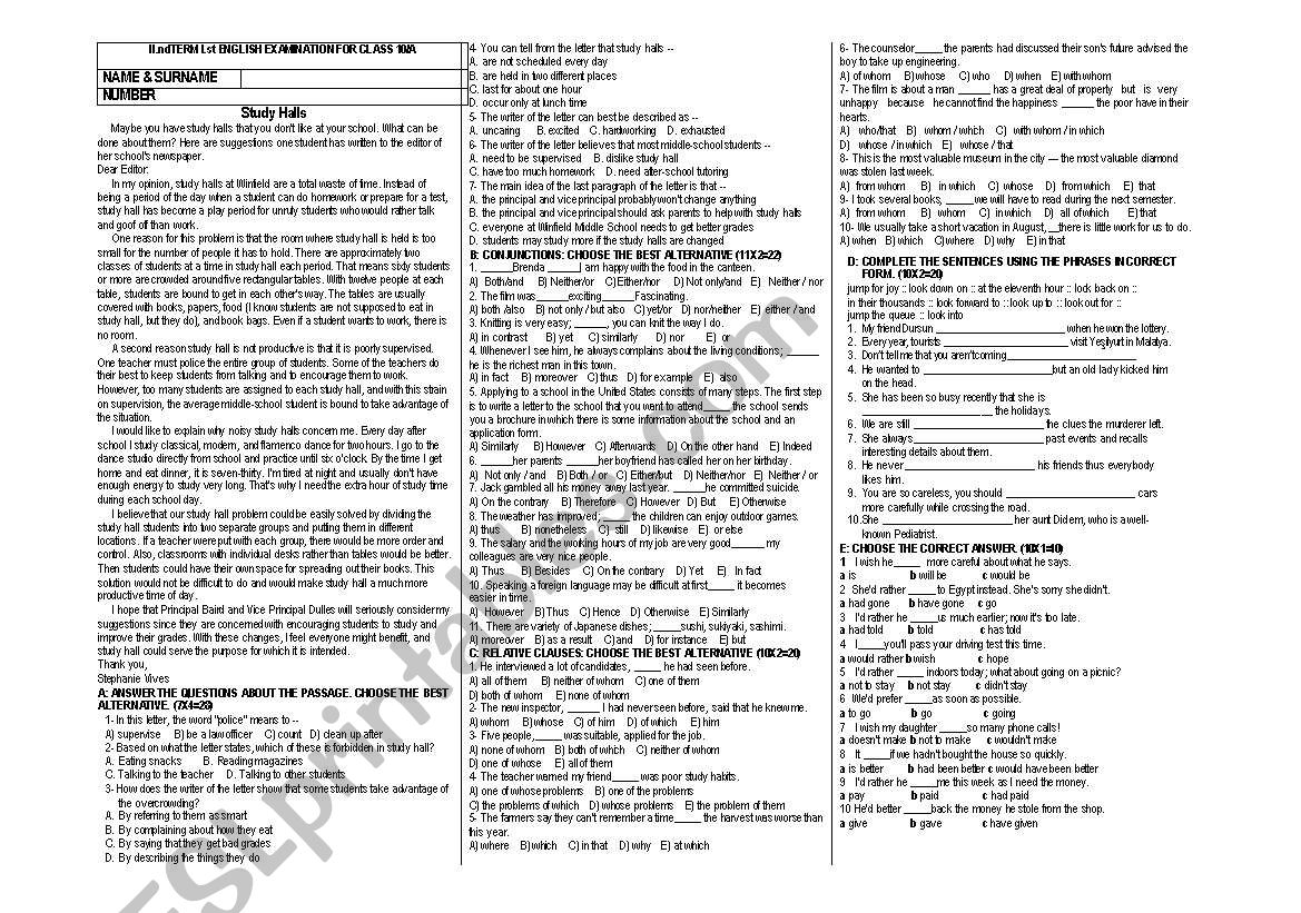 an exam for intermediate sts worksheet