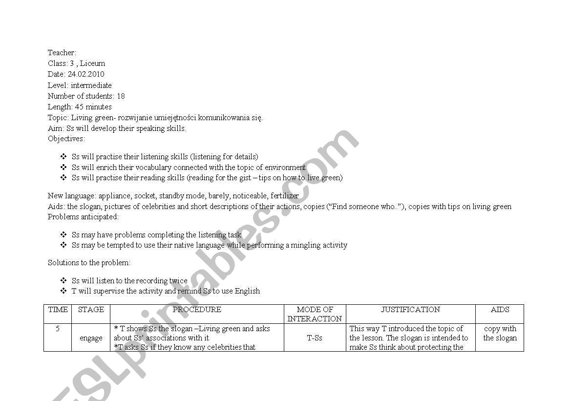 Lesson plan- living green worksheet