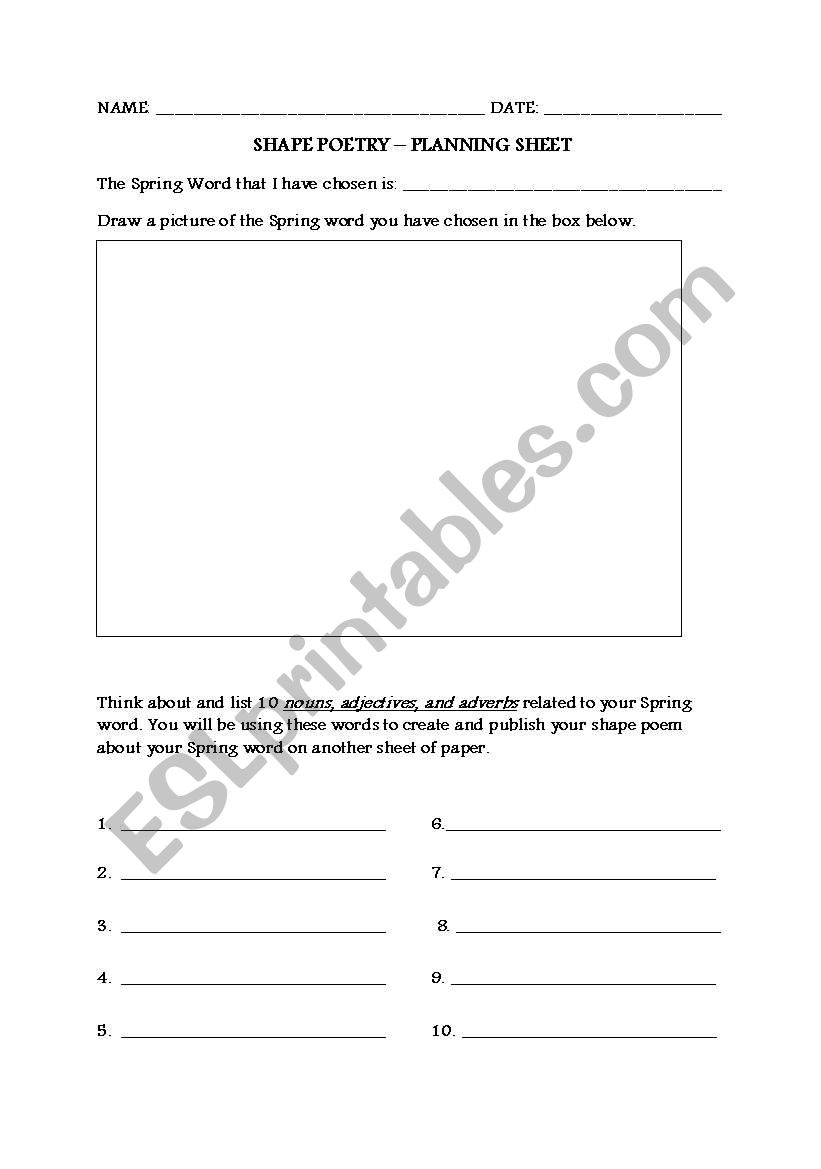 Shape Poem - Planning Sheet worksheet