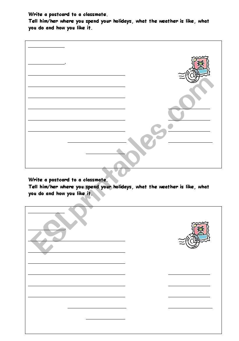 Writing a postcard worksheet