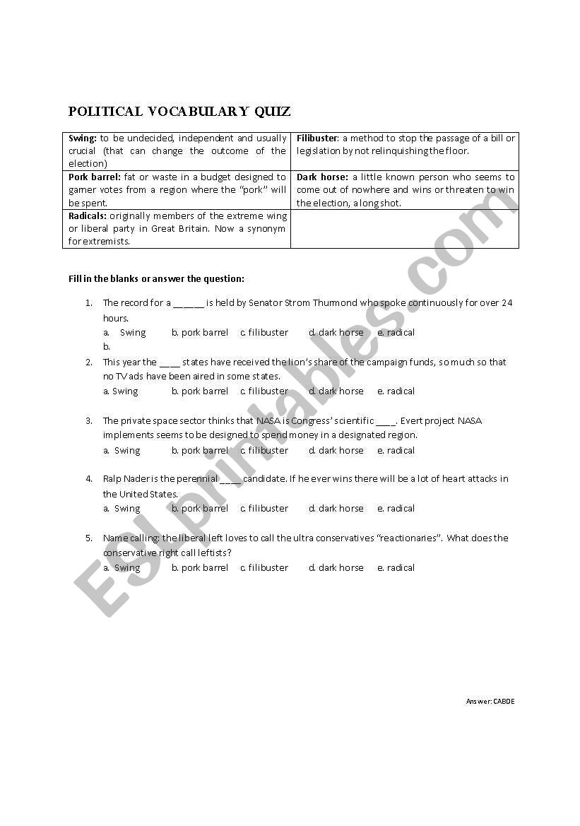 Political Vocabulary I worksheet