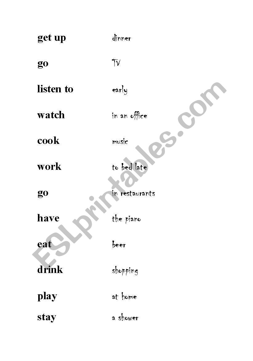 Verb and object matching worksheet