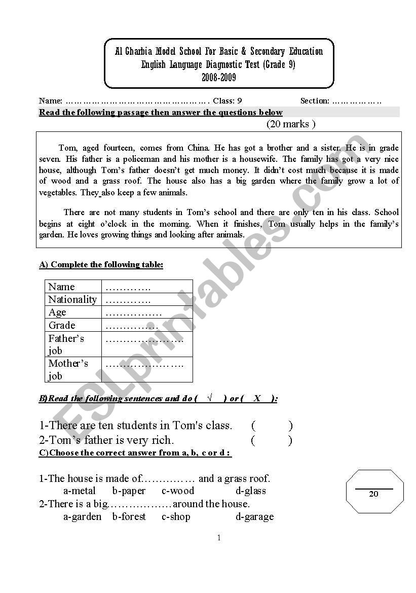 Diagnostic test. Complete test for Grade 8 (UAE- MOE standards)