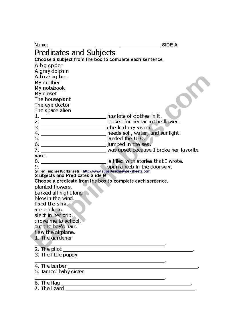 subject and predicate worksheet