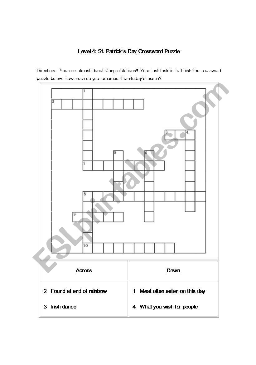 St. Patricks Day Crossword worksheet