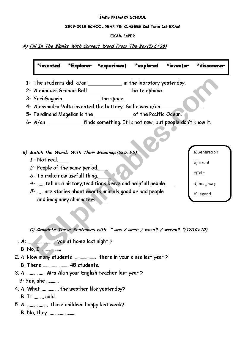 English Worksheets 7th Class Exam Paper