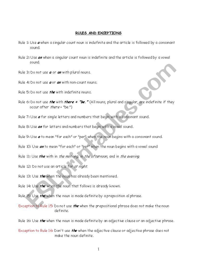 50 rules articles worksheet