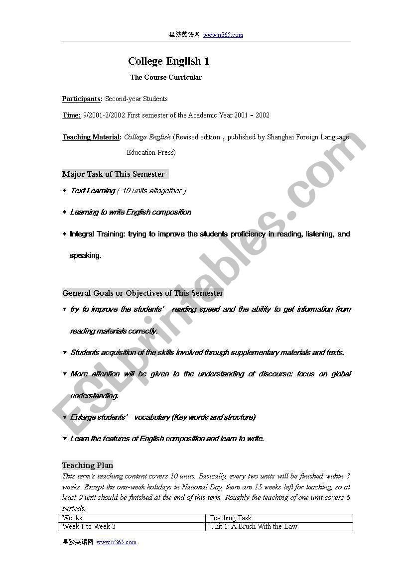 teaching plan for college english