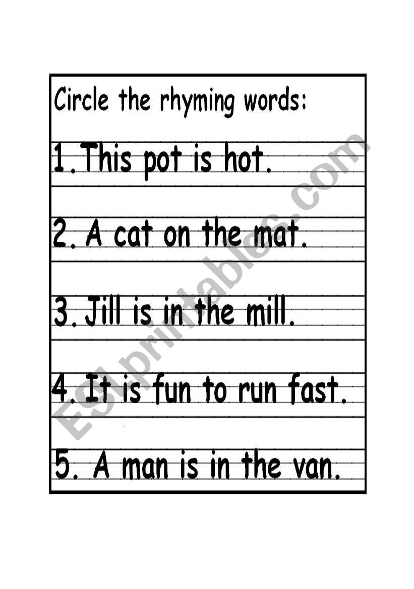 English Worksheets Circle Rhyming Words