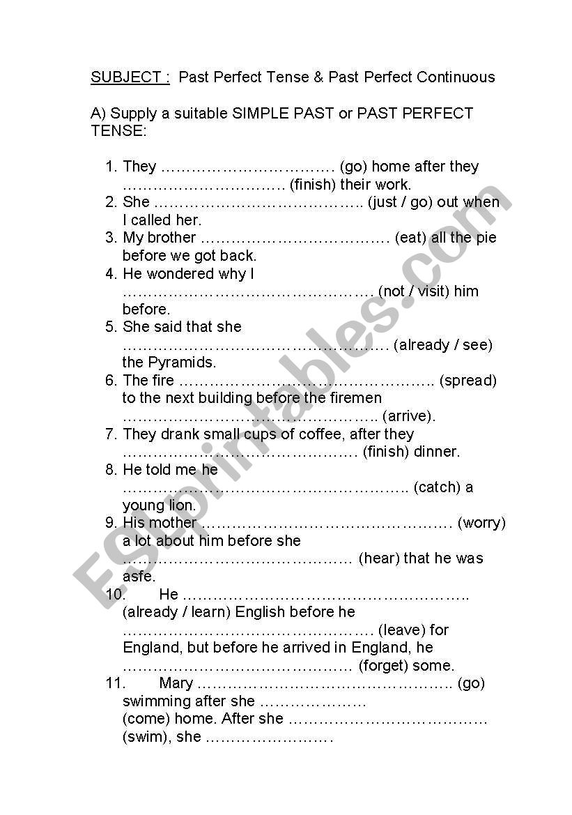 past perfect versus past perfect continuous tense - ESL worksheet by ...