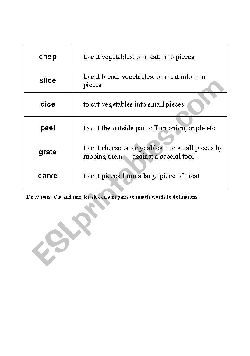 English Worksheets Cutting For Cooking Word definition Match