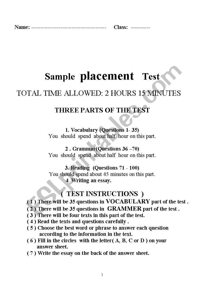 placement test worksheet