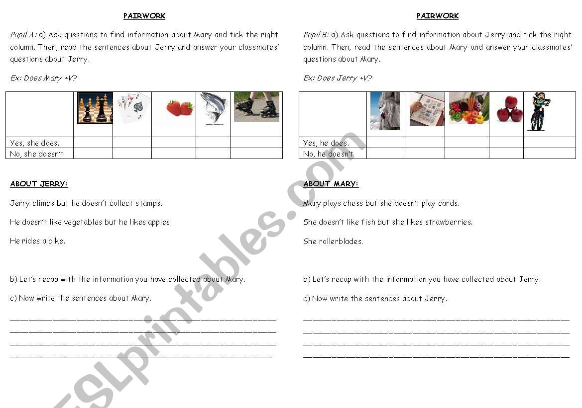 PAIRWORK: DOES HE/SHE + V ? worksheet