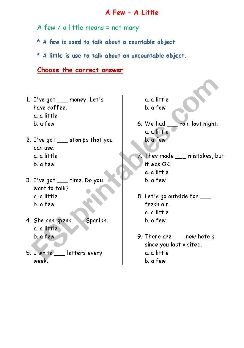 A few and little worksheet