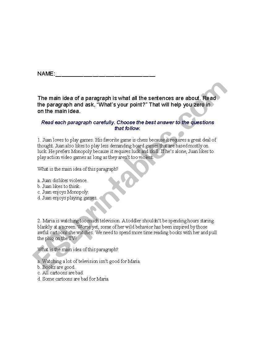 THE POINT OF A PARAGRAPH worksheet