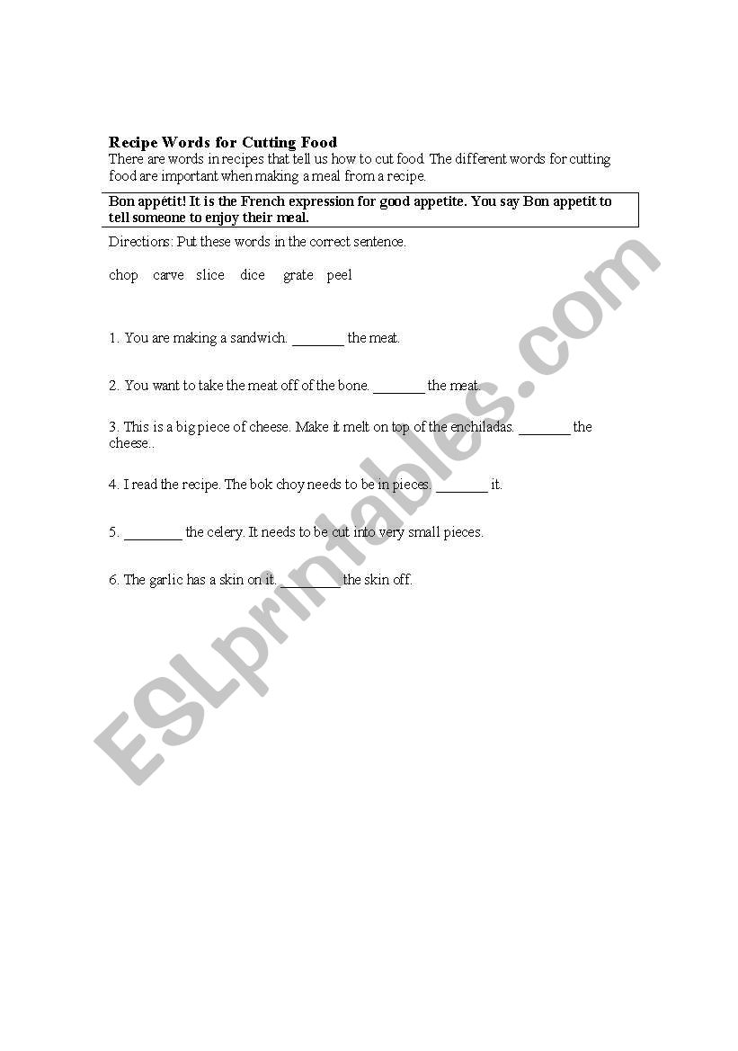 Recipe Words for Cutting Food worksheet