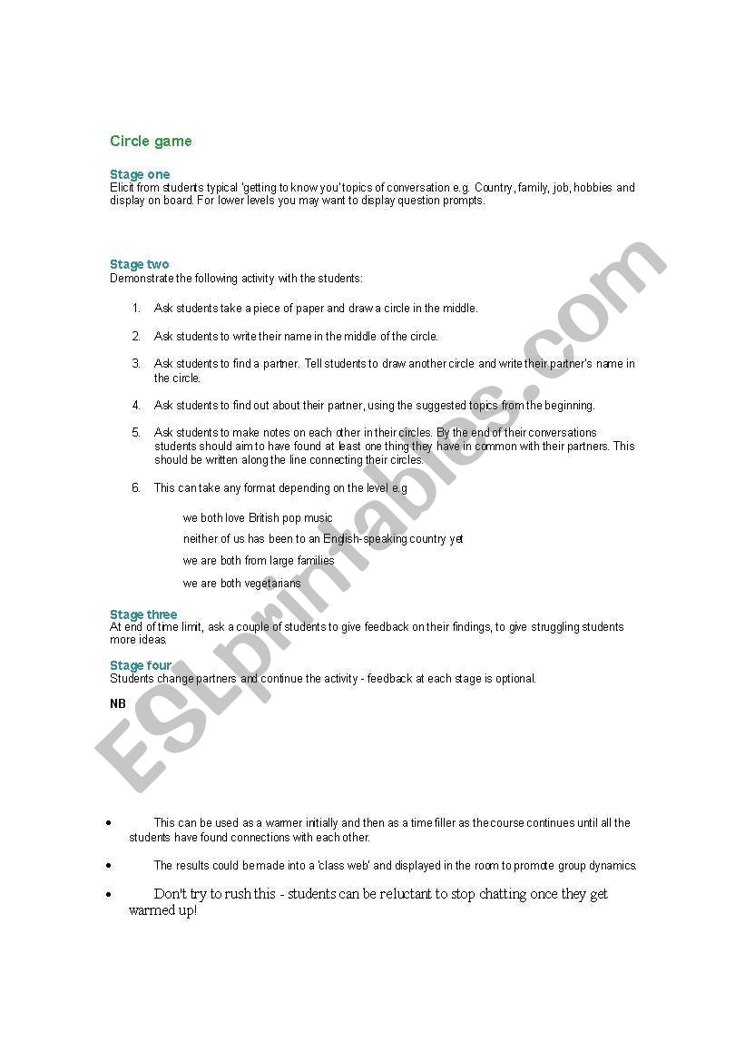 Circle Game worksheet