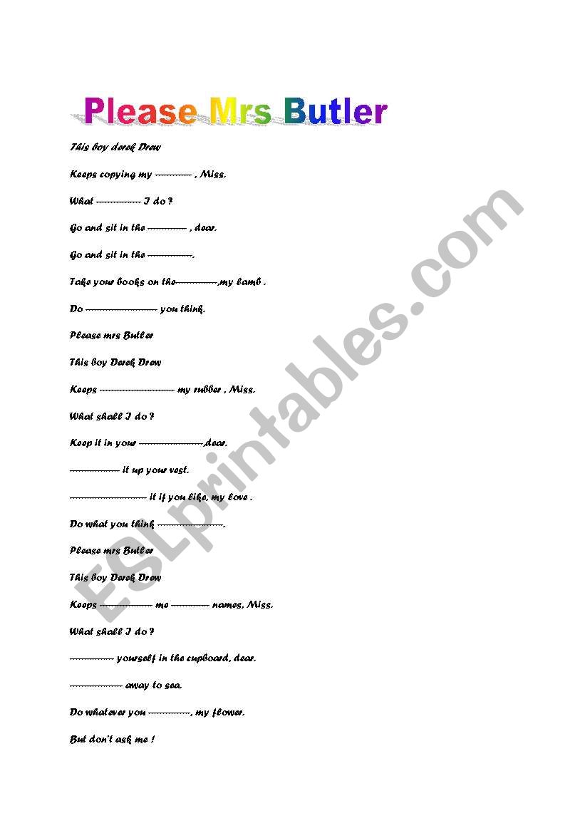 poem mrs butler worksheet