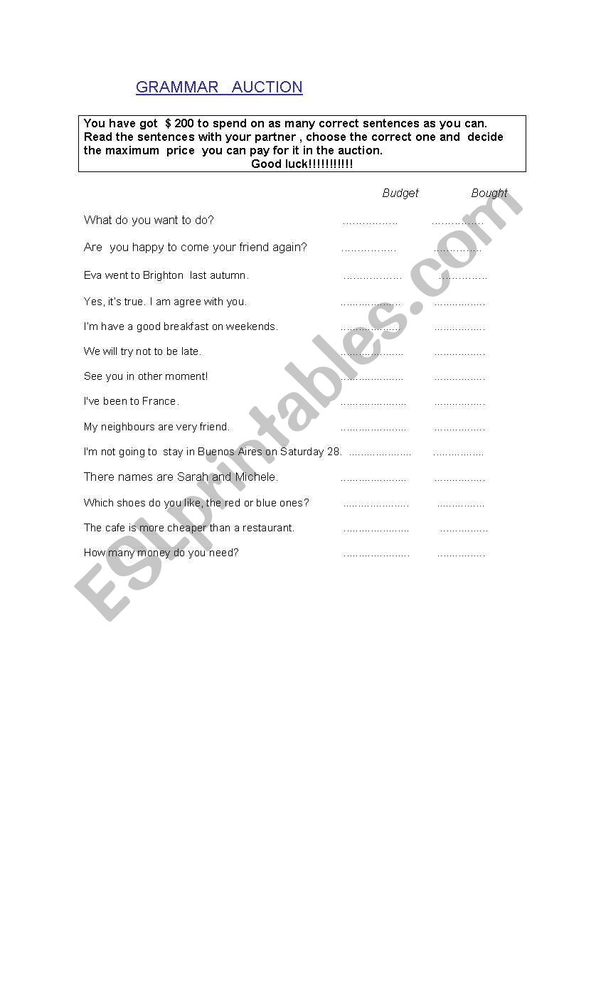 grammar auction worksheet