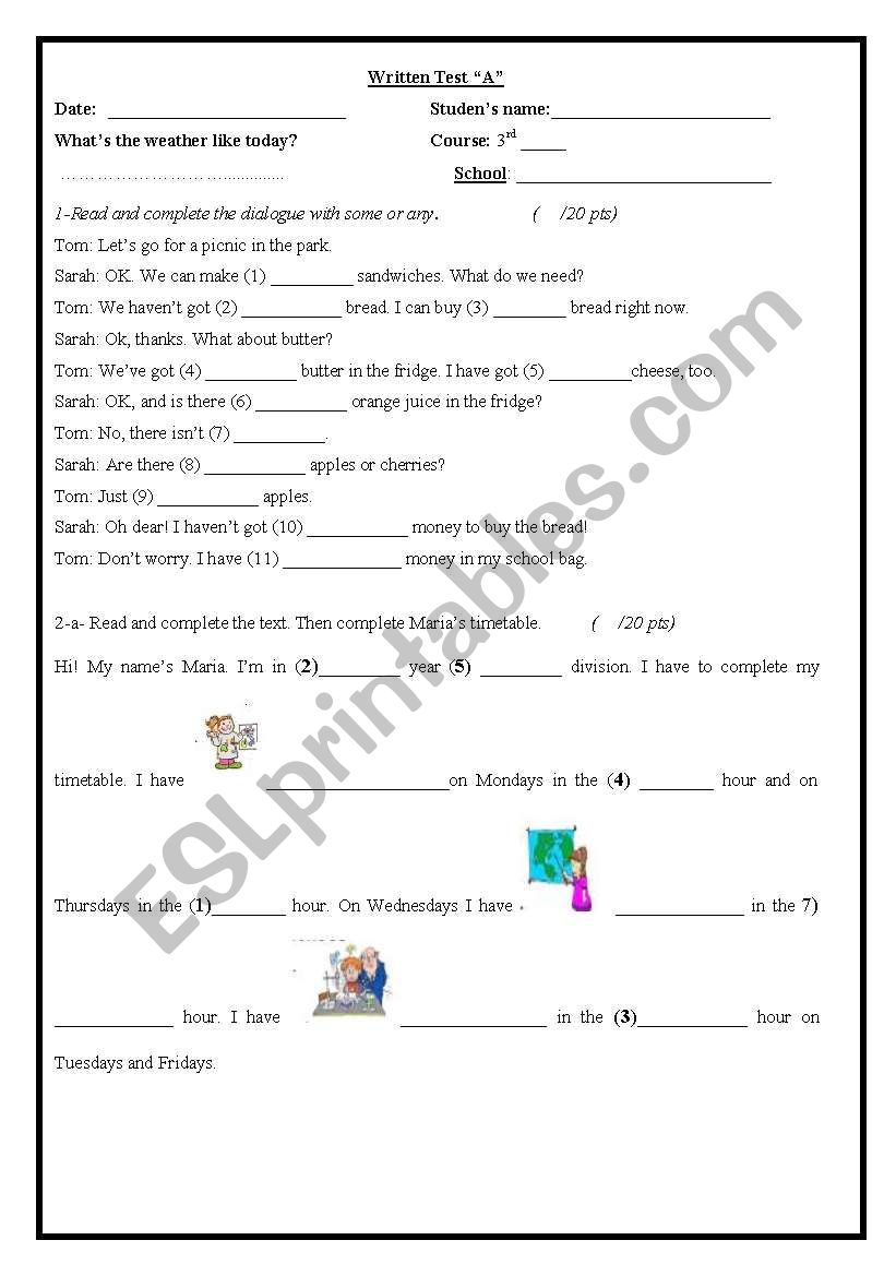 Written assesment TEST worksheet