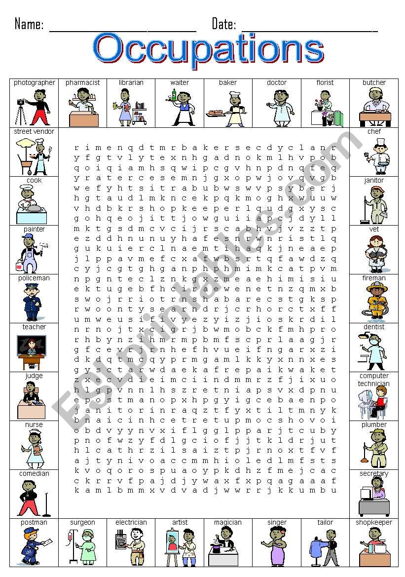 English Worksheets Occupation Word Search Gambaran