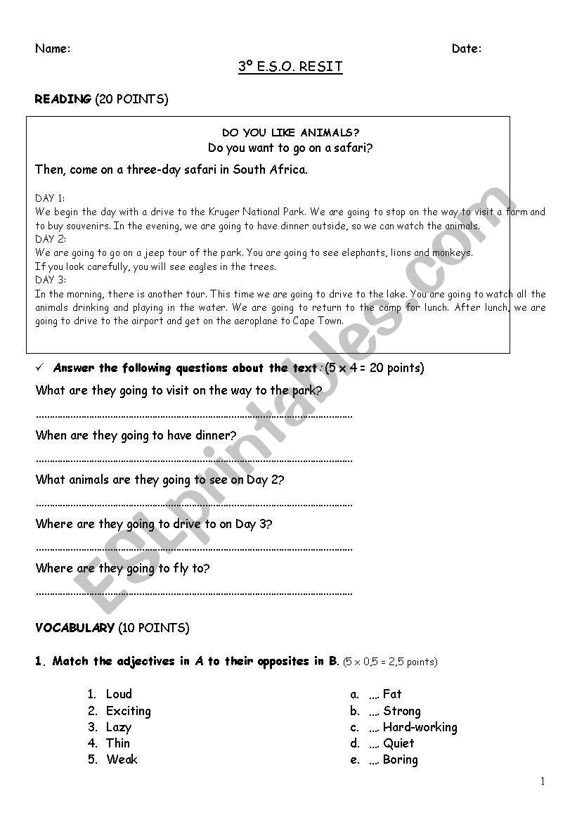 EXAM RESIT (3ESO) worksheet