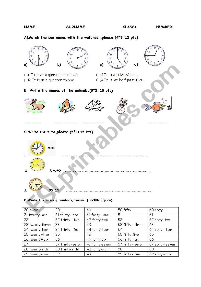 Test for 5th graders worksheet