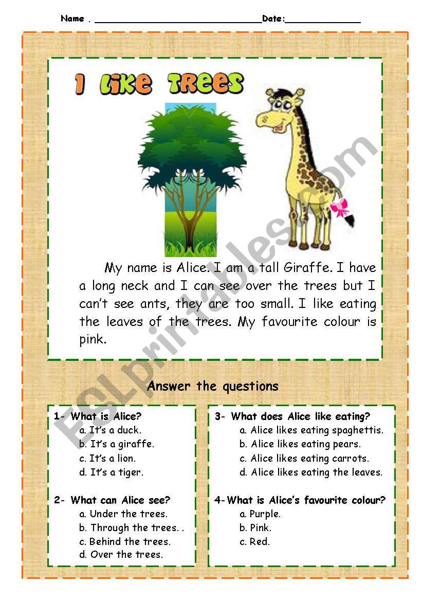 no5 easy reading comprehension i like trees with key answers 1 2 esl worksheet by modolores