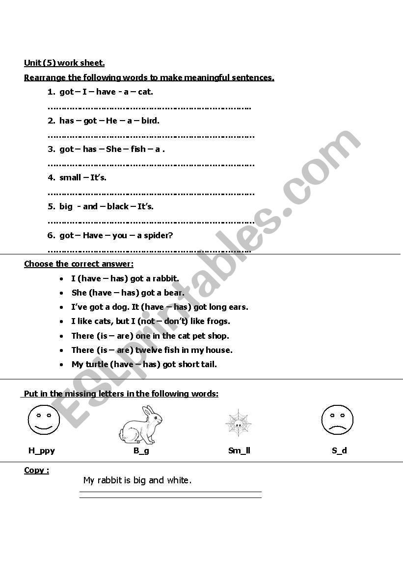 Unit (5) My Pet. worksheet