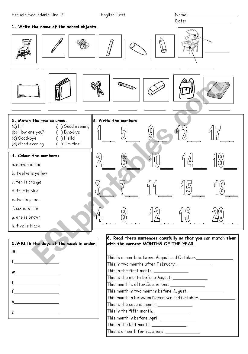 Elementary test on Vocabulary: school objects, greetings, numbers (1-20 ...
