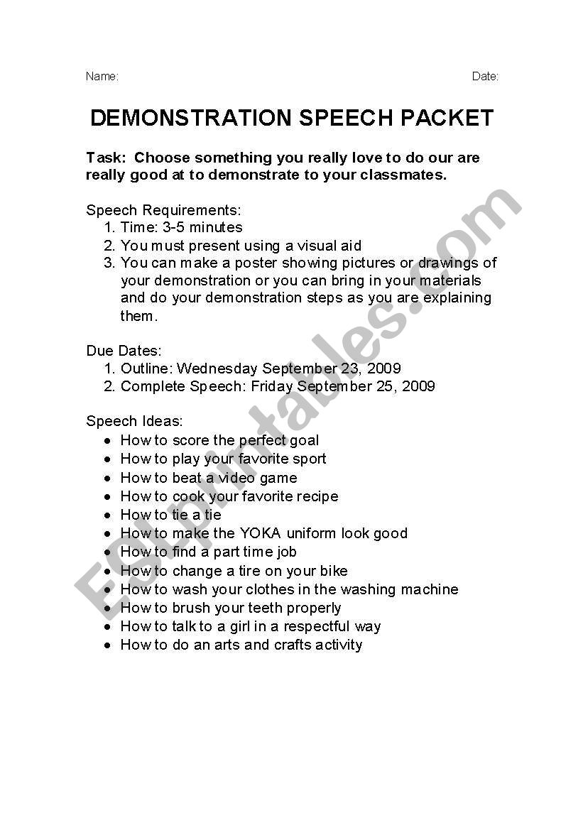 Demonstration Speech Packet worksheet