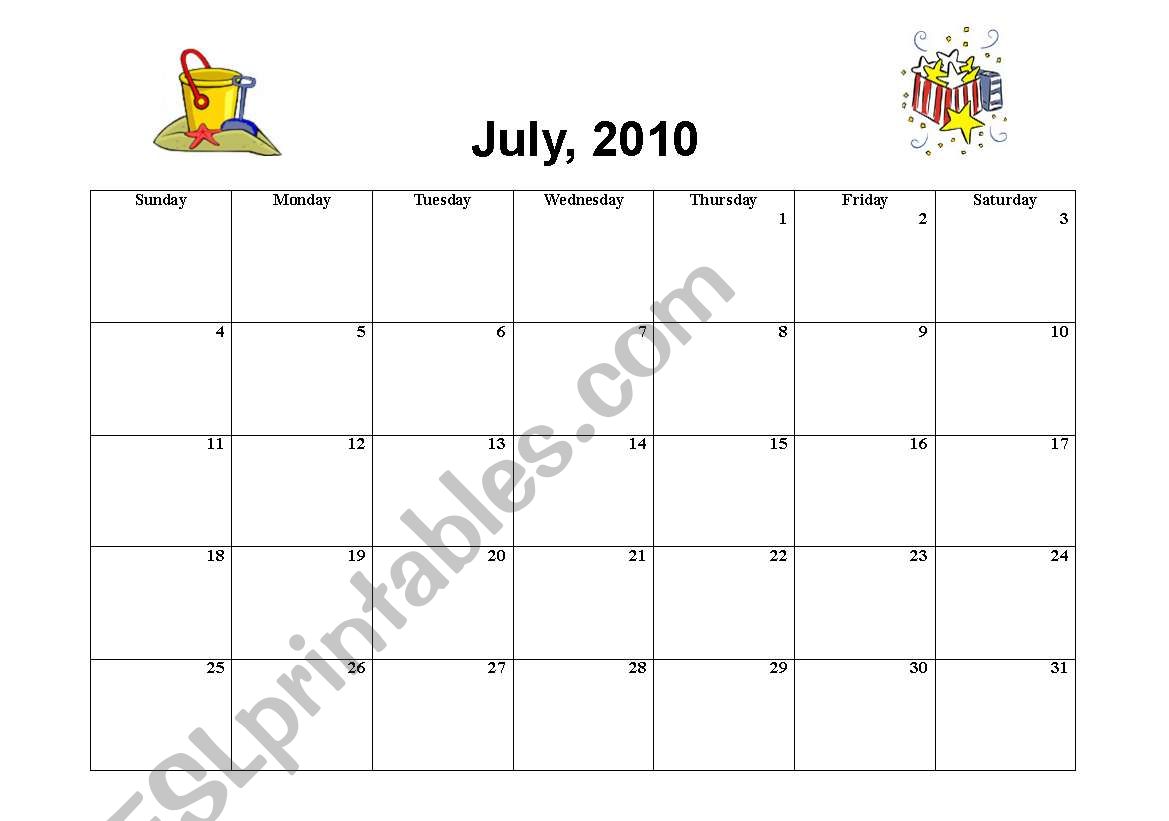Mountly calendar 2010 worksheet