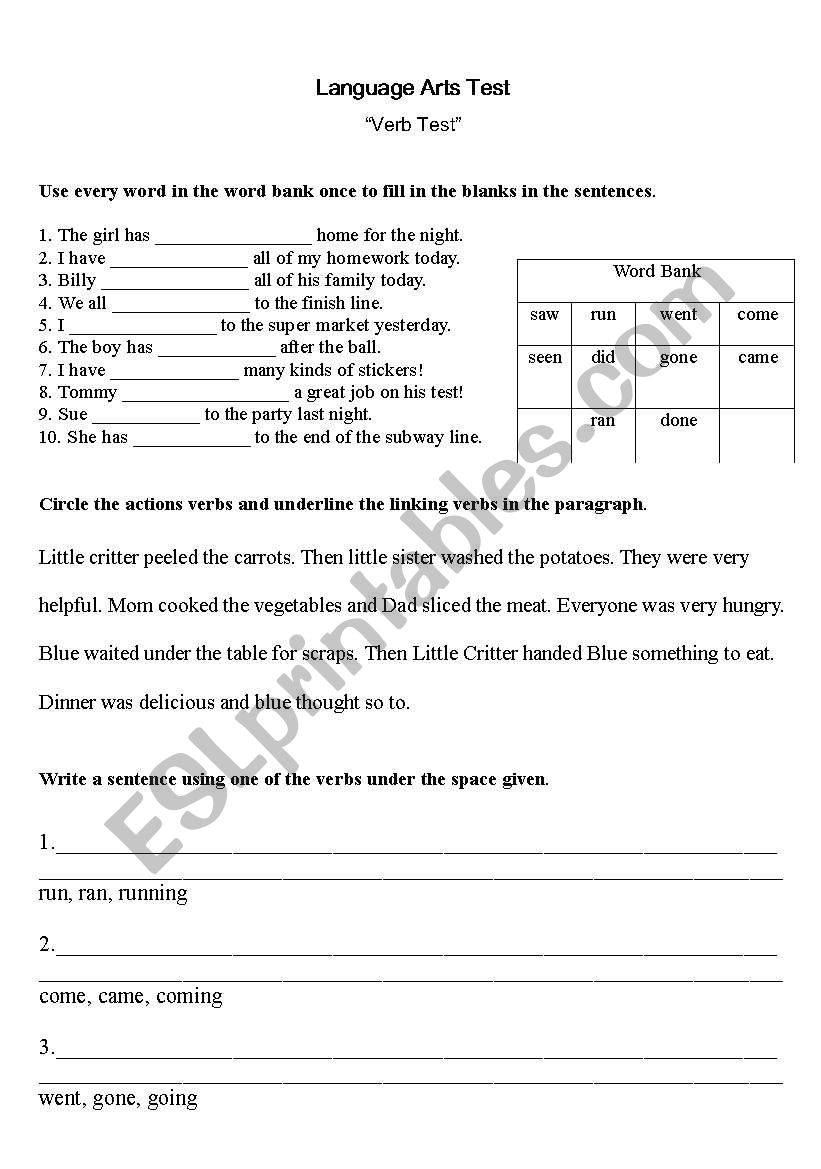 Verb Test worksheet