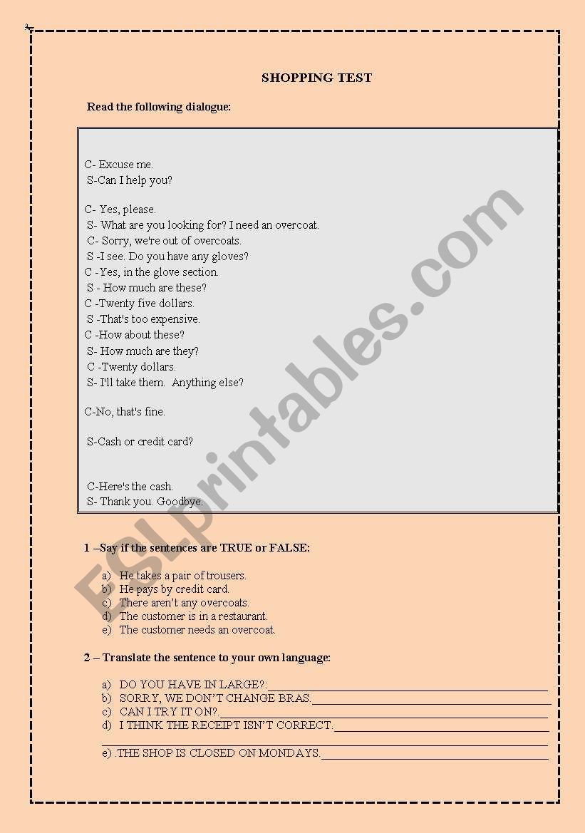 SHOP TEST worksheet