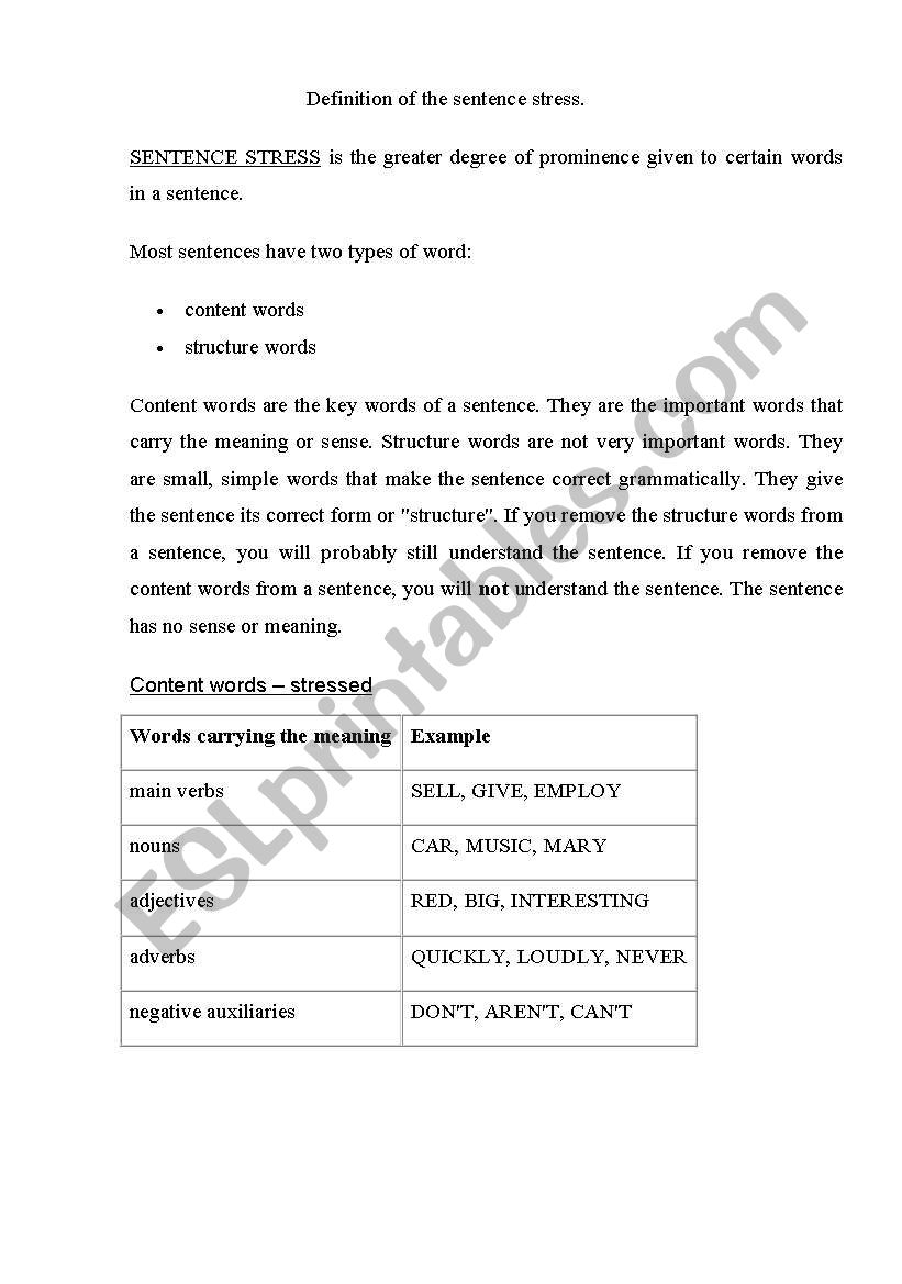 Sentence Stress Worksheet Esl