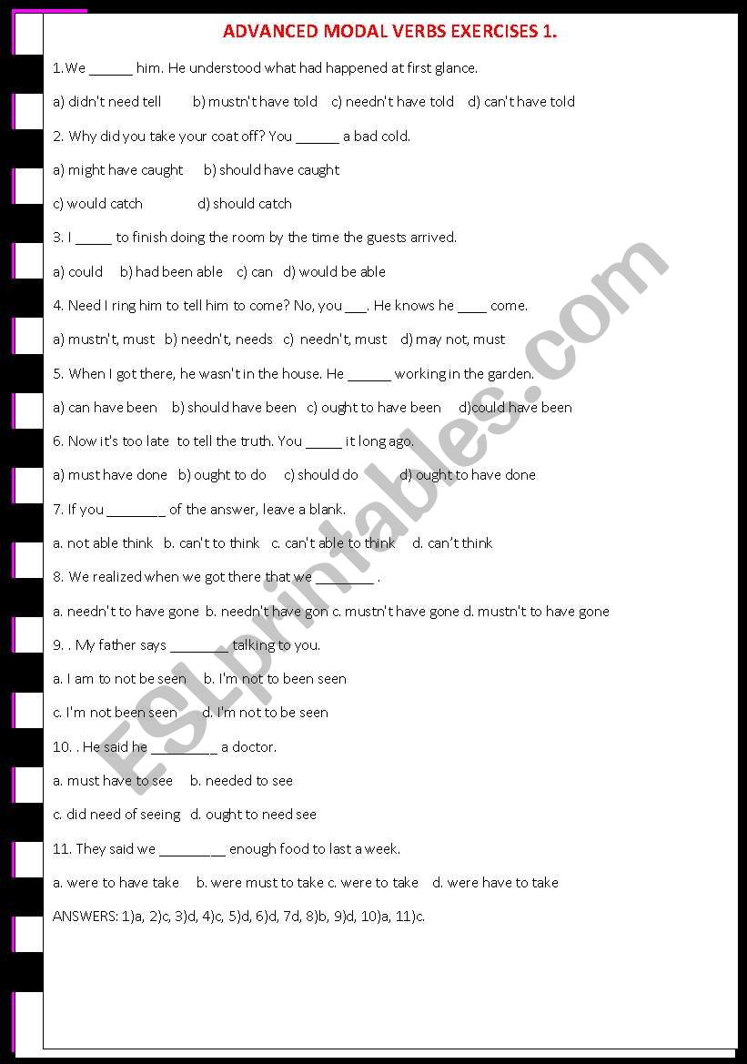 ADVANCED Modal Verbs Exercises 1 ESL Worksheet By Mad rdg