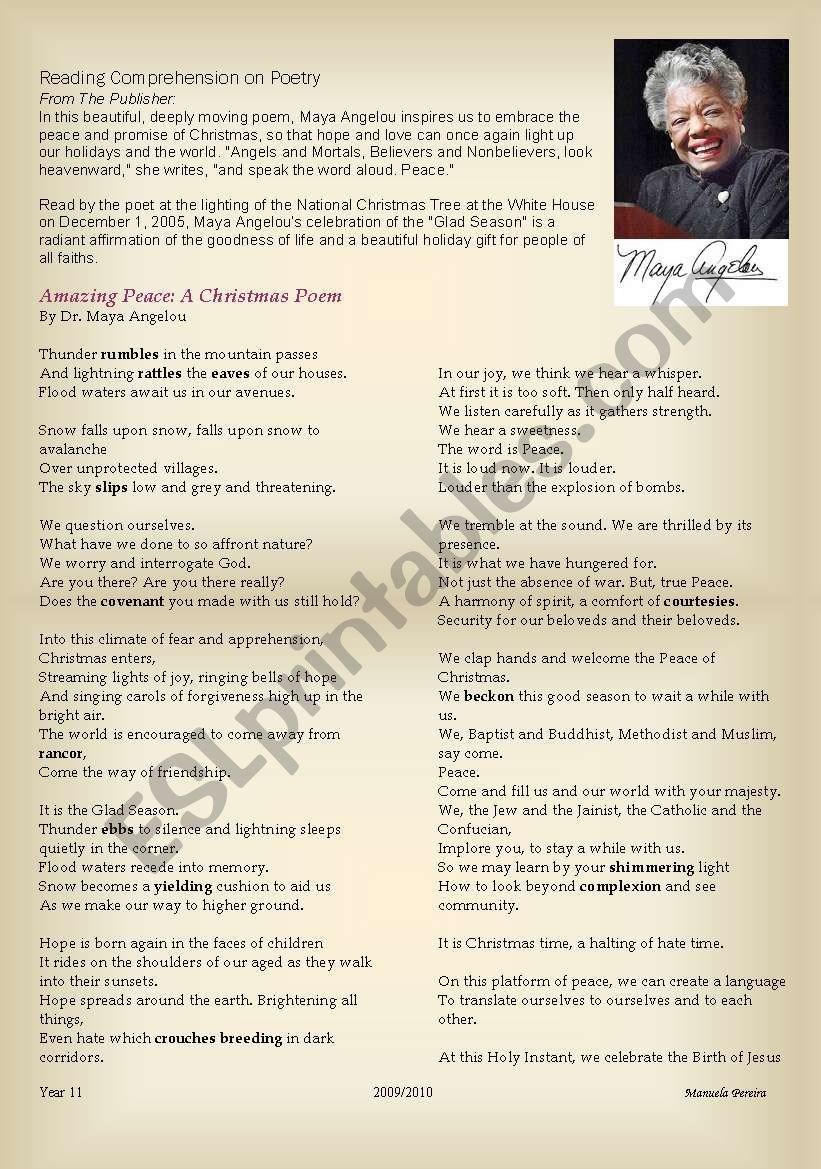 MAYA ANGELOU´S AMAZING PEACE - ESL worksheet by manuelapereira