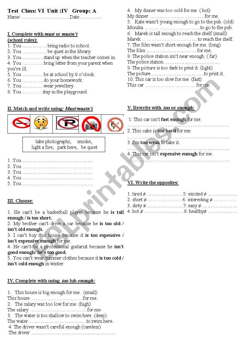 Test to revise modals: must/mustn´t and too/enough - ESL worksheet by ...