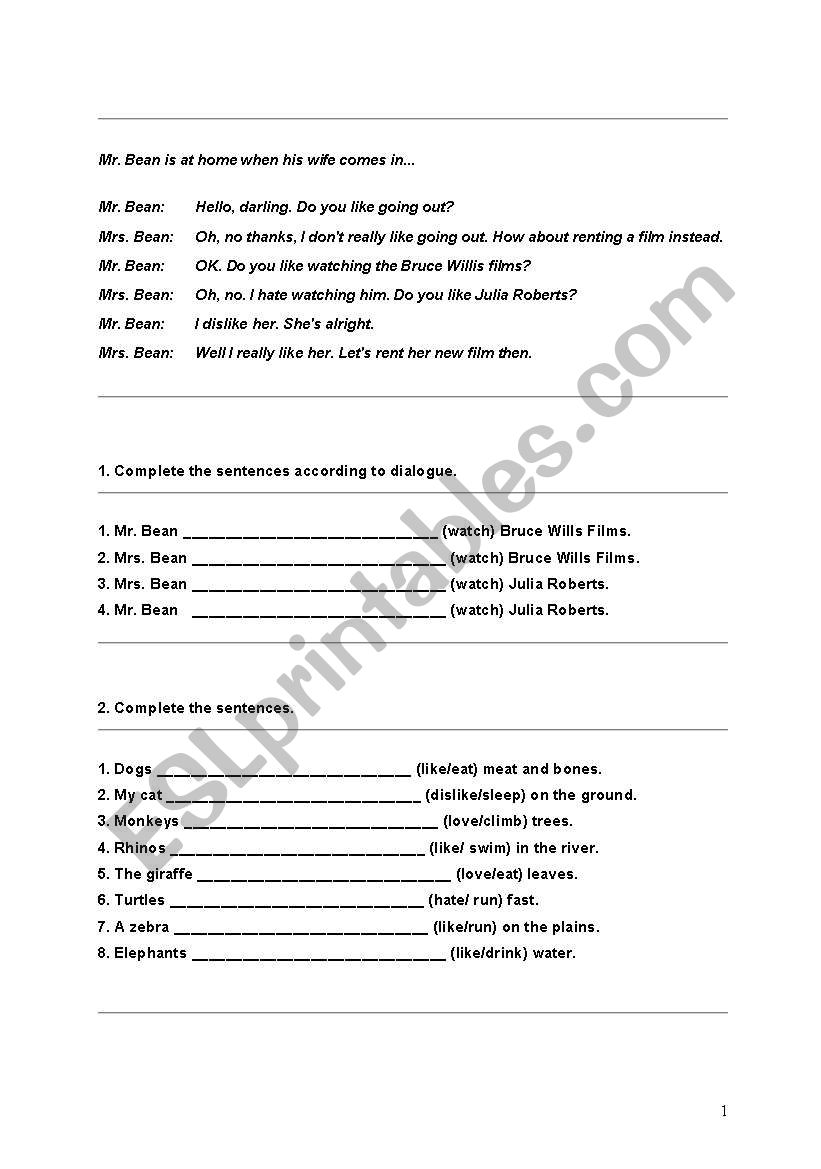 like/dislike worksheet