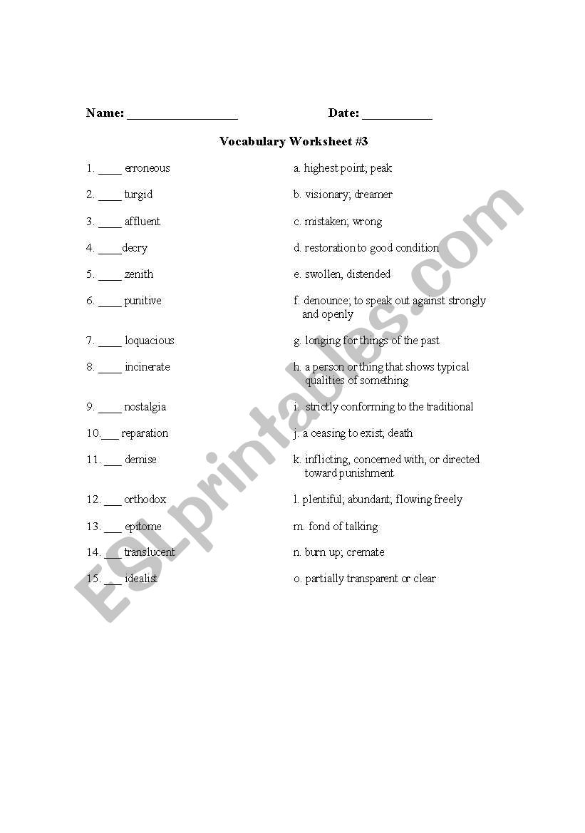 Vocab wkst #3 worksheet