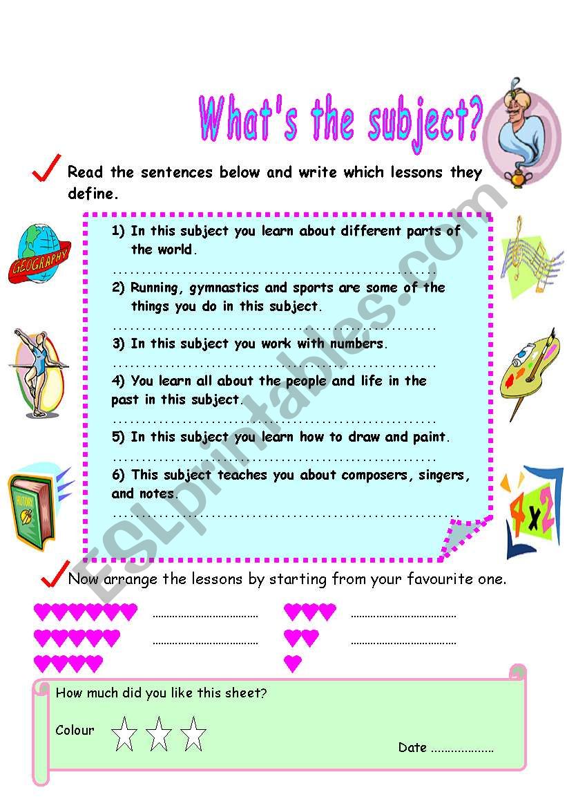 subjects worksheet