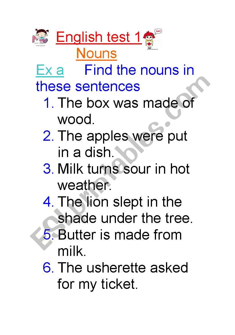 English test about nouns worksheet