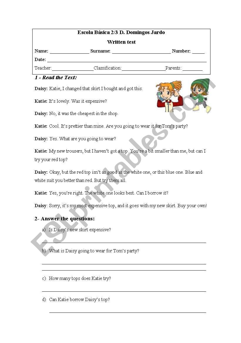 written test worksheet