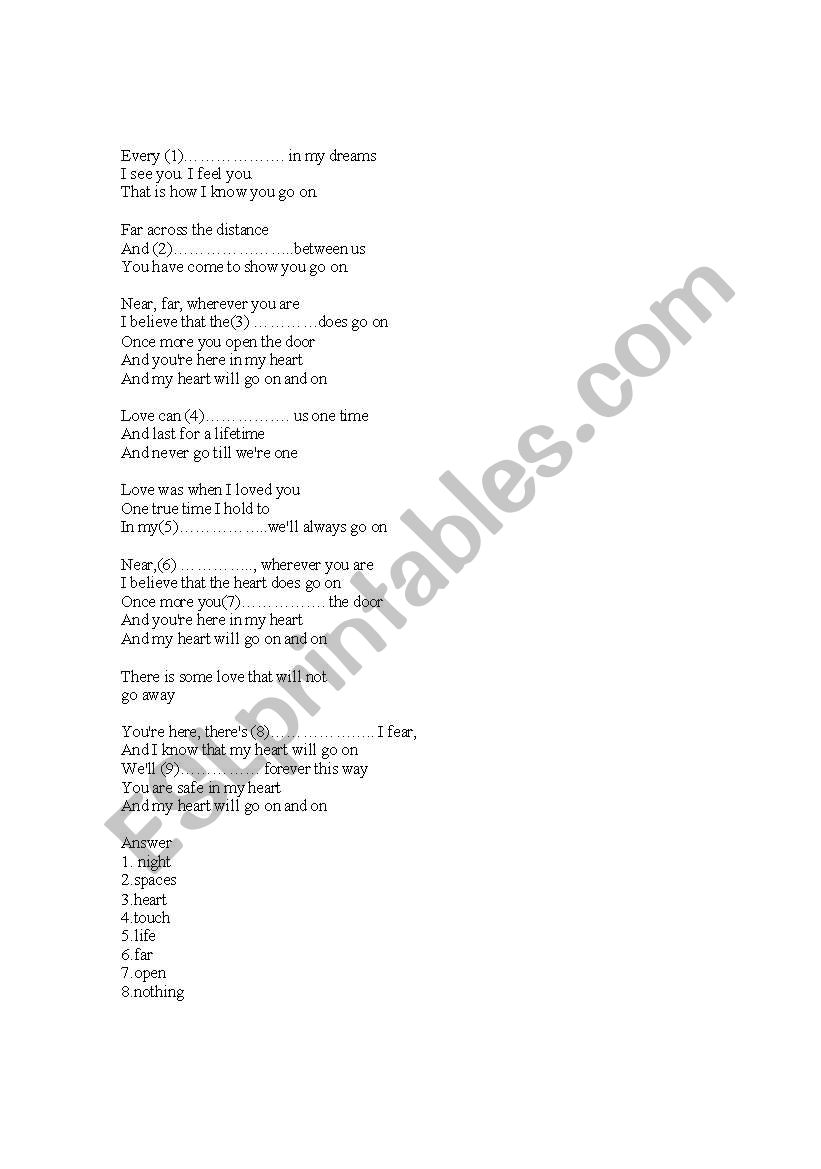 Gaps in song lyrics worksheet